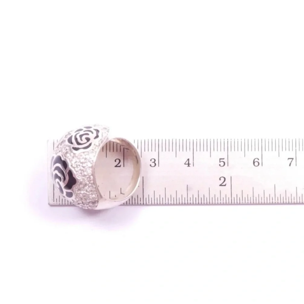 VTG RARESerling Silver Ring Black Enamel Roses with Pave Cz Diamonds Size 10